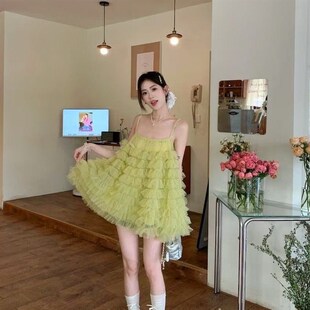 绝美超仙海边度假网纱氛围感吊带女小个子蓬蓬蛋糕连衣小短裙子夏