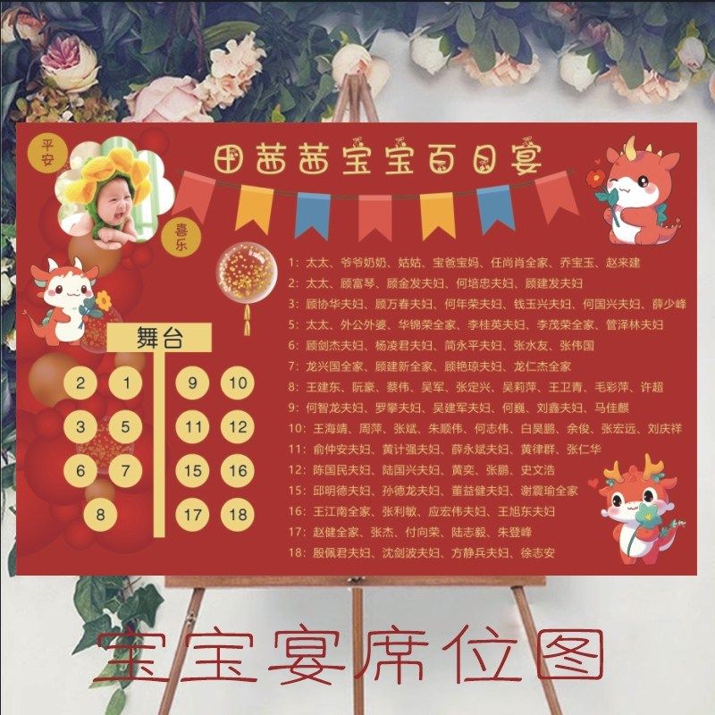 龙年龙宝宝宴席位图满月百日十岁生日桌位牌宾客名单座次表喜榜
