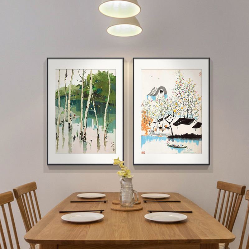 新中式餐厅装饰画吴冠中丝绸挂画中国风抽M象艺术墙画饭厅墙面壁图片