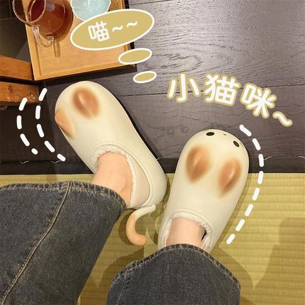 可爱喵咪棉拖鞋女k士秋冬季室内家居包跟防水外穿棉鞋防滑厚底保