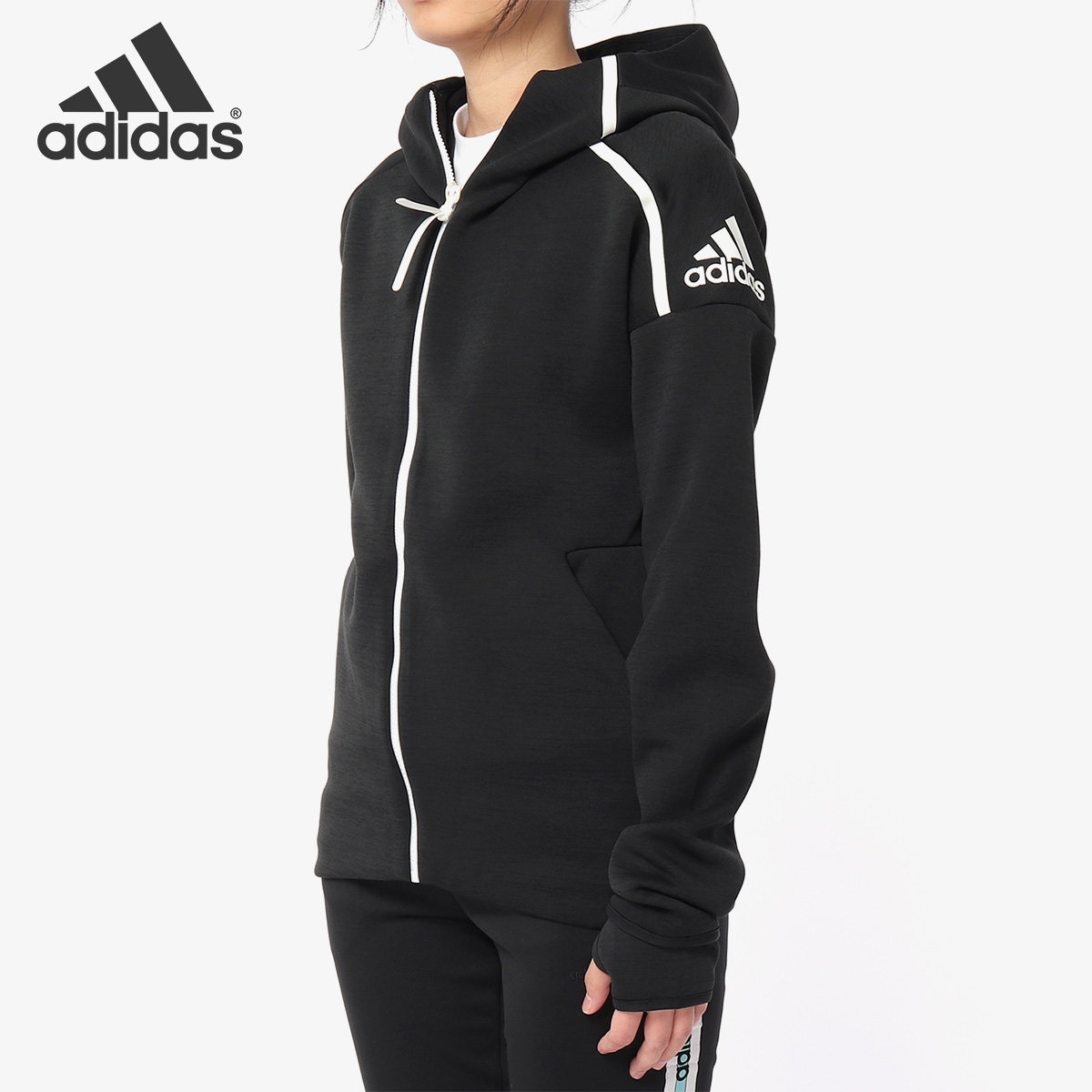 Adidas/阿迪达斯正品女子拇指洞连帽针织运动休闲夹克外套 DM5024图片