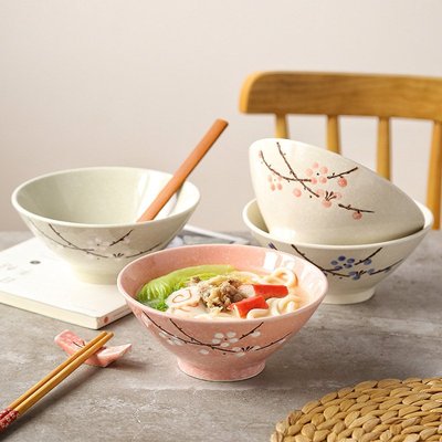日式手绘釉下彩陶瓷餐具7英寸斗形餐厅色拉米粥碗拉面碗拌面汤碗