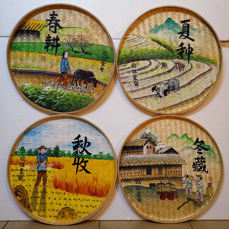 手绘竹编簸箕画创意墙面装饰饭店农家乐美丽乡村餐馆墙饰挂饰挂件图片