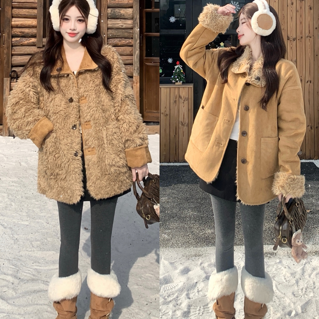 大码2025冬两面可穿韩系复古氛围感厚实外套女加厚保暖毛绒上衣