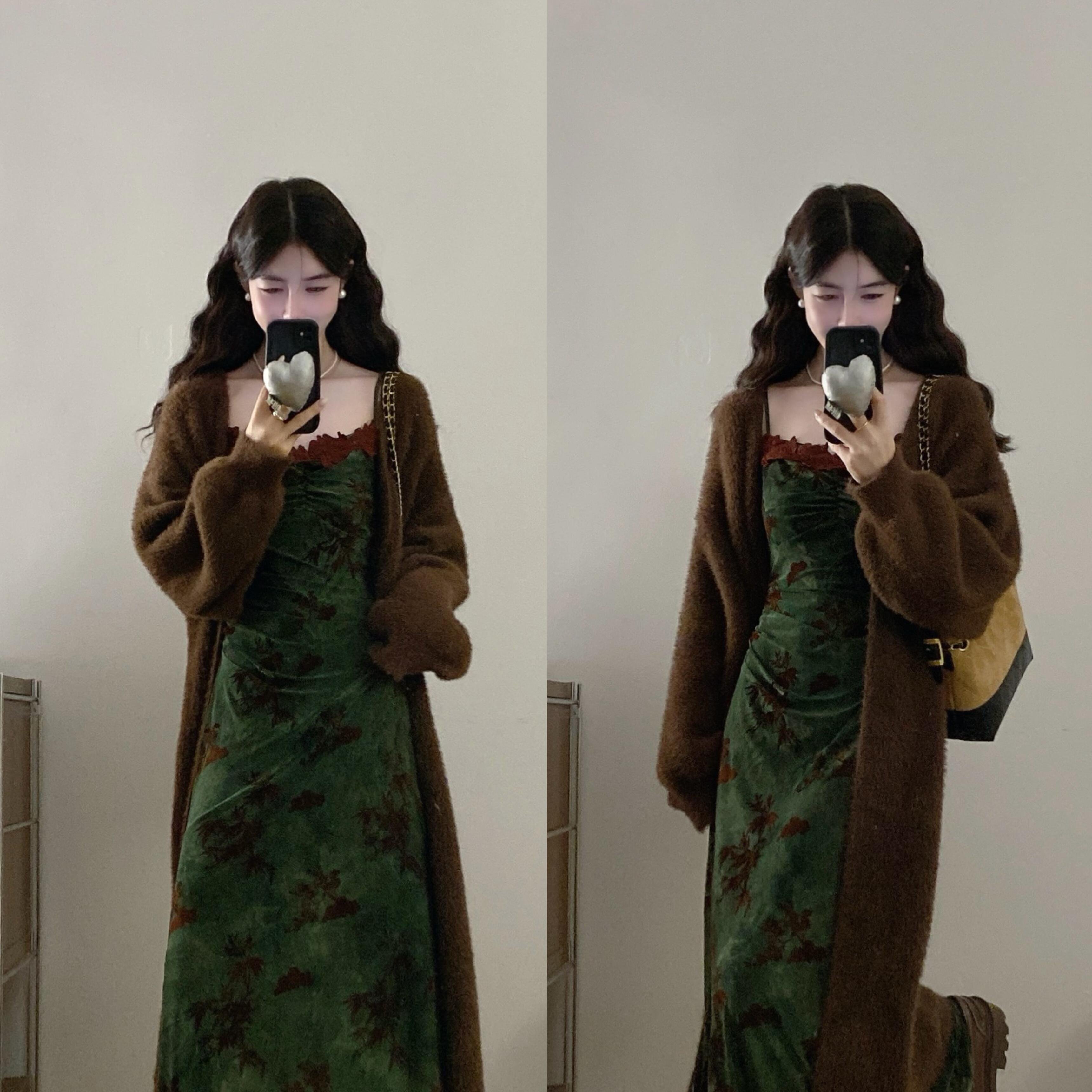 实拍大码秋冬新款内搭蕾丝边连衣裙女气质碎花裙丝绒长裙+开衫