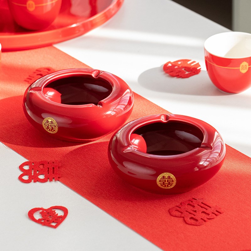 婚庆用品烟灰缸家用中式创意个性客厅红色陶瓷烟缸婚礼结婚用品