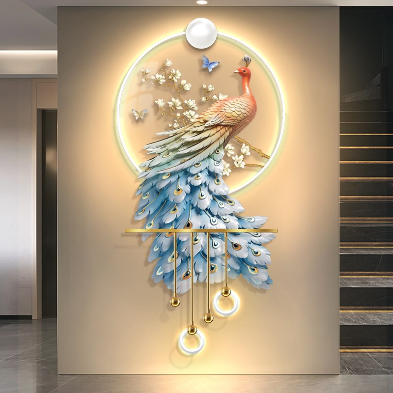 孔雀现代轻奢玄关装饰画感应LED灯光挂画走廊立体发光艺术壁灯图片