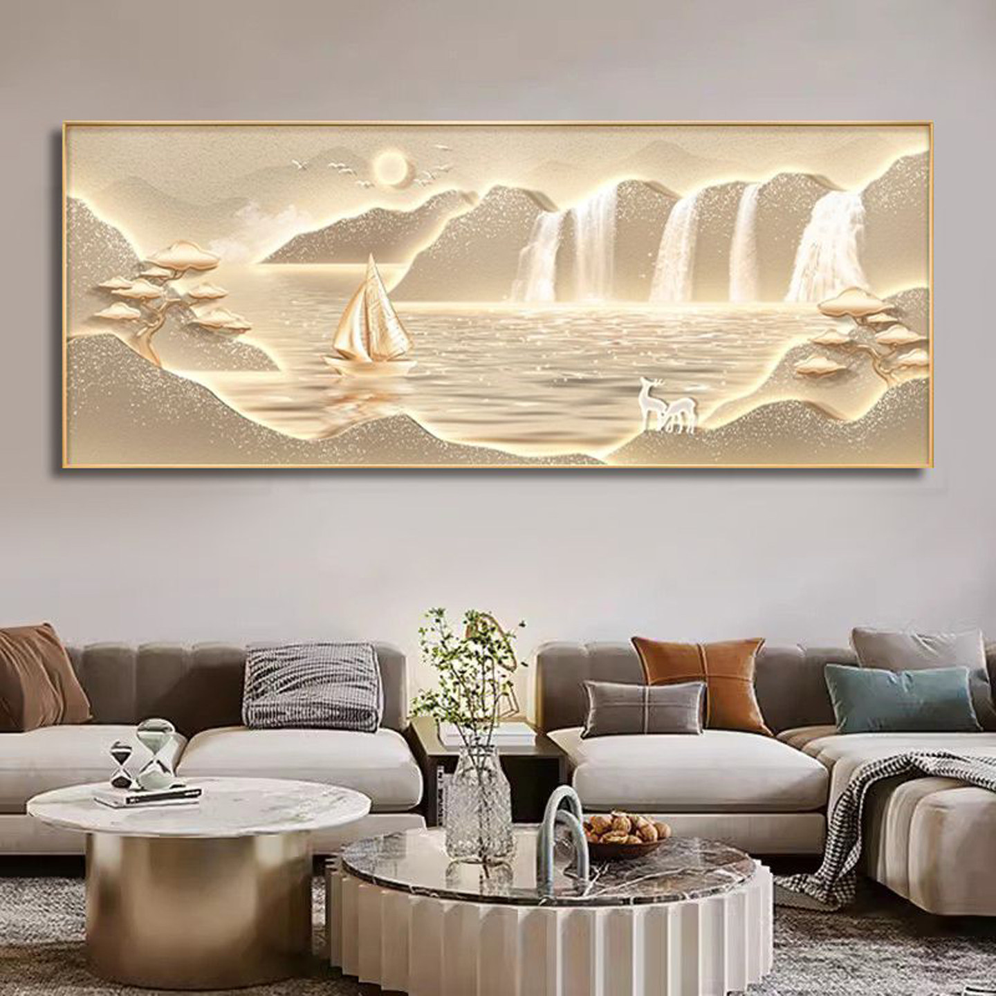 流水生财麋鹿客厅沙发背景钻石画满钻山水风景手工贴钻十字绣全贴,居家布艺,钻石绣,淘宝优惠券,粉丝福利购,淘宝优惠卷