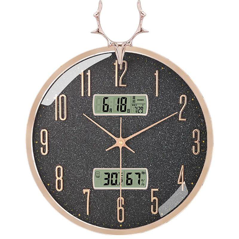 客厅挂钟鹿头时尚静音石英钟表日历温湿度卧室壁挂装饰时钟,家居饰品,挂钟,淘宝优惠券,粉丝福利购,淘宝优惠卷