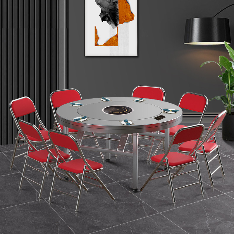 内置转盘折叠圆桌带电磁炉餐桌家用酒店饭店大桌子火锅桌,住宅家具,不锈钢/PVC餐桌,淘宝优惠券,粉丝福利购,淘宝优惠卷