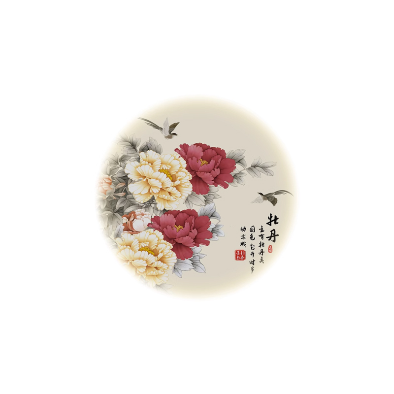 圆形牡丹装饰画壁纸画芯墙布壁纸壁画中式客厅走廊玄关沙发背景墙图片