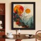 中古风山水客挂画国风景色玄关装 饰画级复古意日出手绘油画