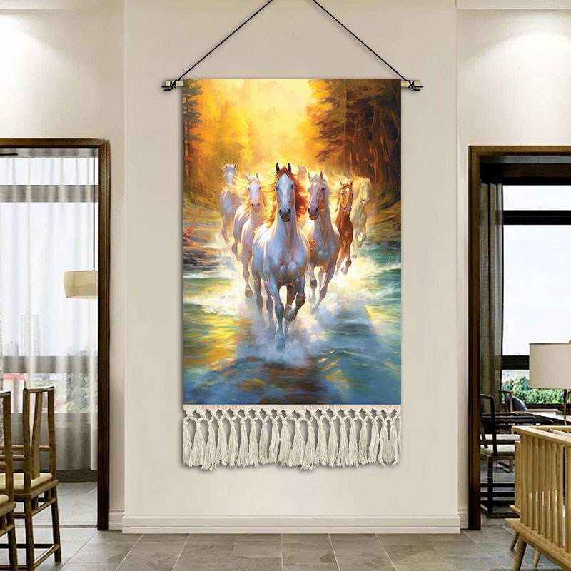 油画奔腾马挂画布艺卧室客厅装饰画玄关入户挂毯酒店大堂挂布定制图片