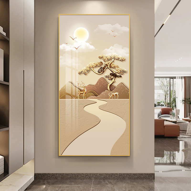 现代轻奢玄关装饰画发财树入户走廊过道挂画高级感正对门竖版壁画图片