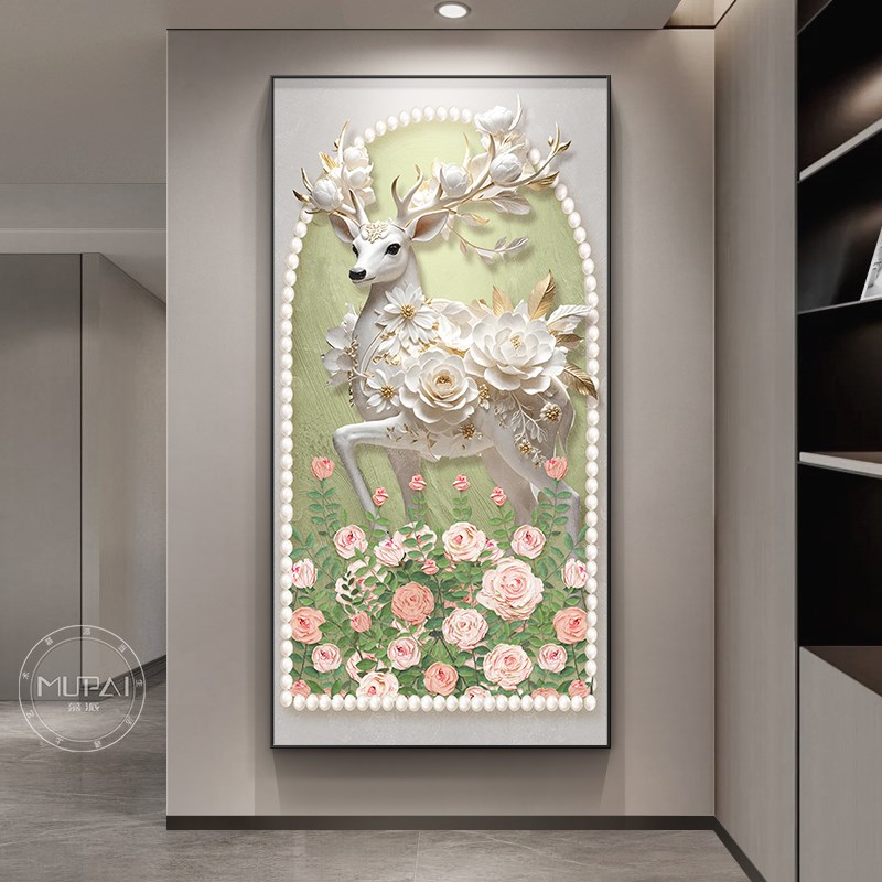 彩鹿立体入户正对门玄关装饰画奶油风走廊过道挂画法式客厅壁画灯