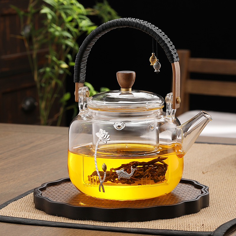 提梁镶银玻璃煮茶壶套装加厚耐热蒸煮茶家用烧水茶具电陶炉煮茶器