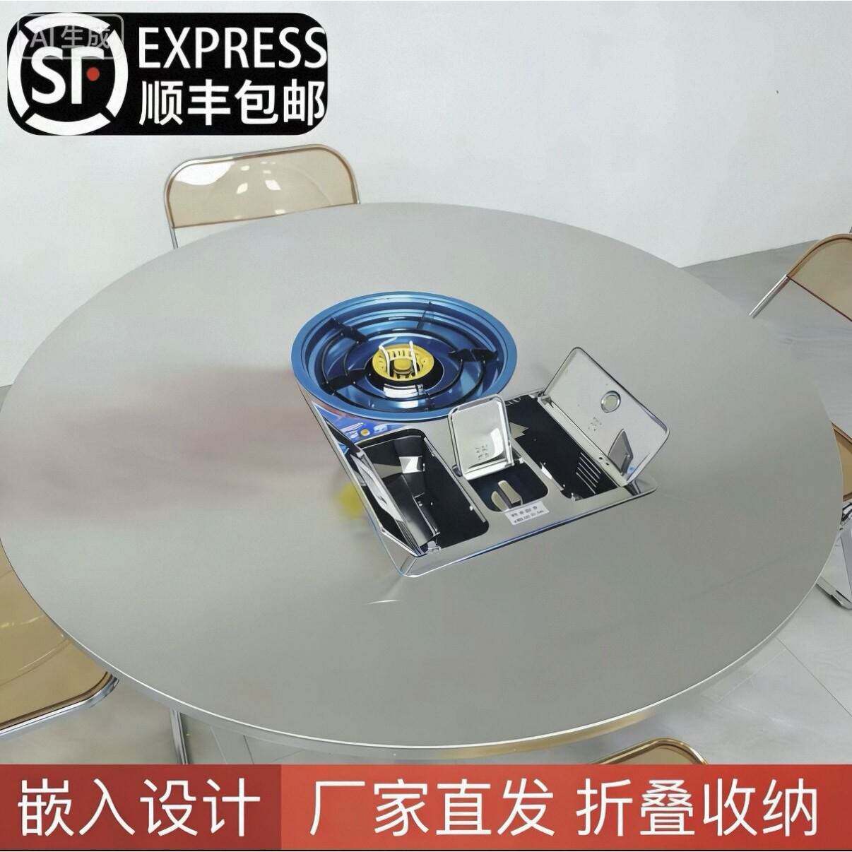 不锈钢火锅桌可折叠配嵌入式单气双气瓶罐卡式炉圆桌连体方桌餐桌