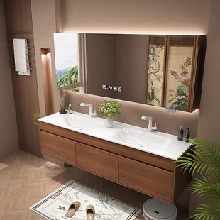 中古风浴室柜洗手盆侘寂风岩板热弯一体实木洗手台双盆洗漱台组合