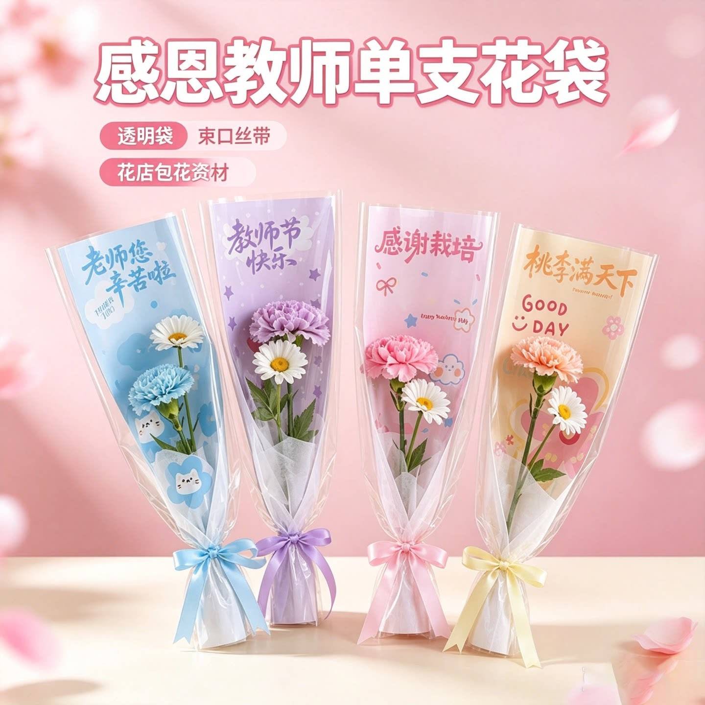 新款教师节感恩单支袋OPP透明袋装老师花束包装纸花艺鲜花包装袋
