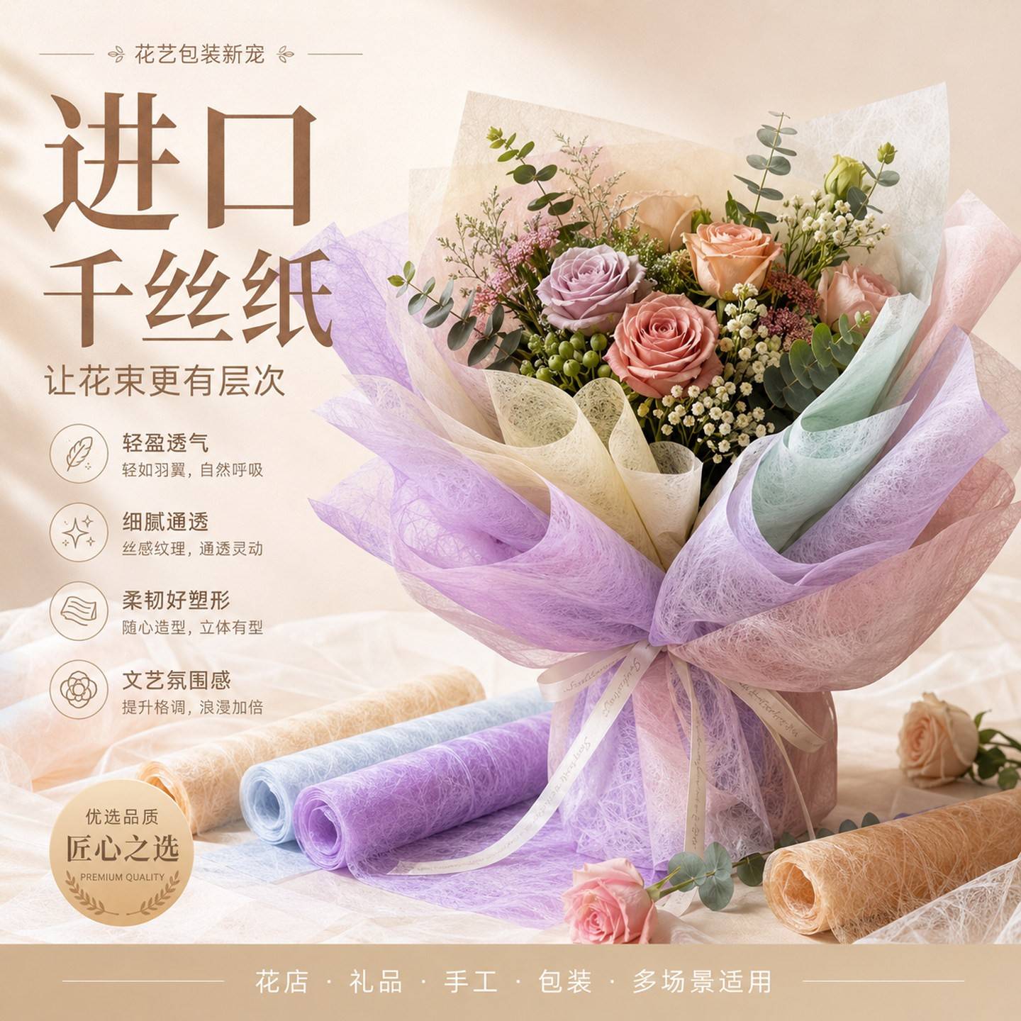 进口花艺千丝纸纯色麻丝内衬纸鲜花玫瑰包花材料手工花束拉菲纸