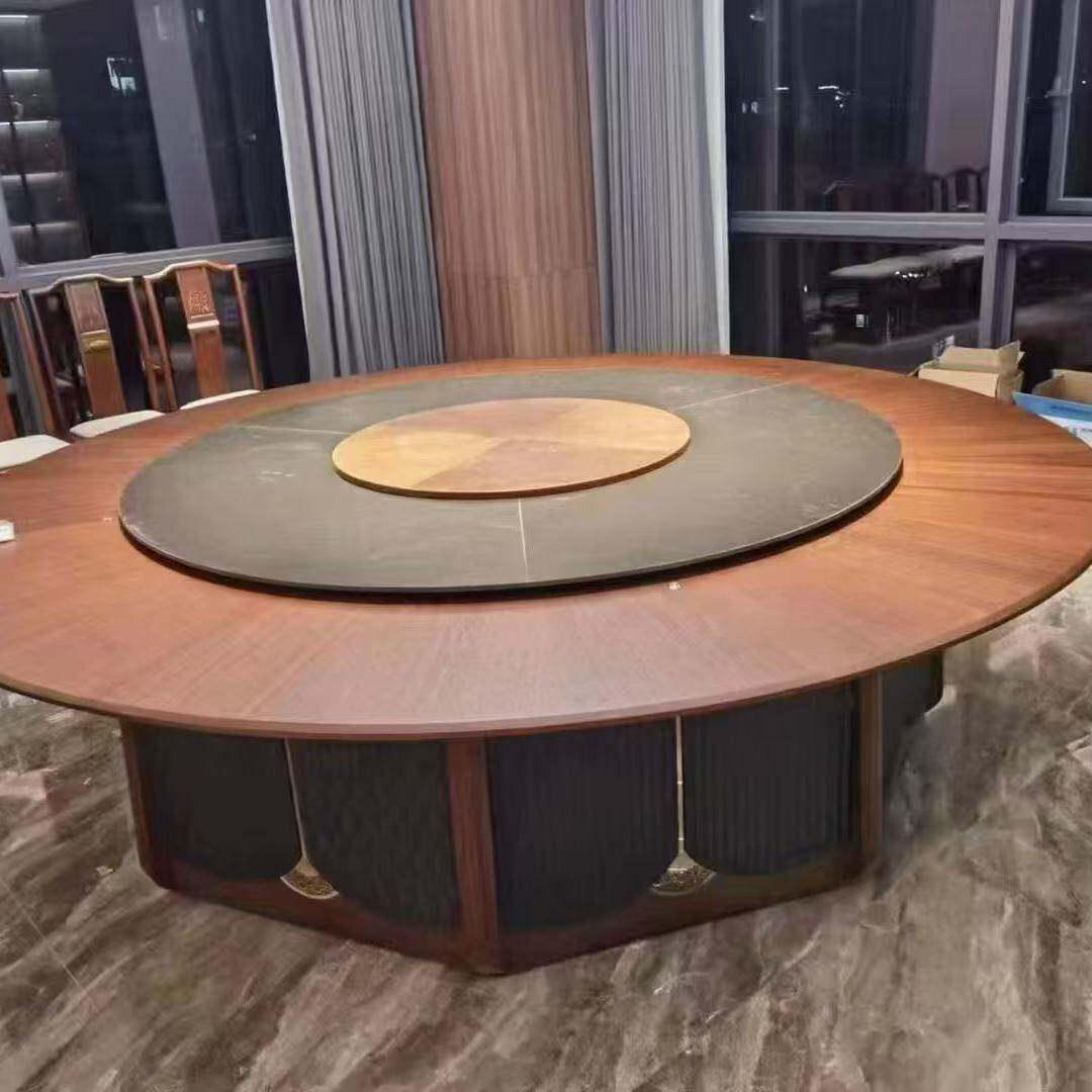 酒店电动大圆桌新中式实木餐桌椅转盘电磁炉饭店包厢会所餐厅商用
