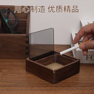 现代简约烟灰家居办Y公酒店民宿 黑胡桃木实木防风双槽带盖烟灰缸