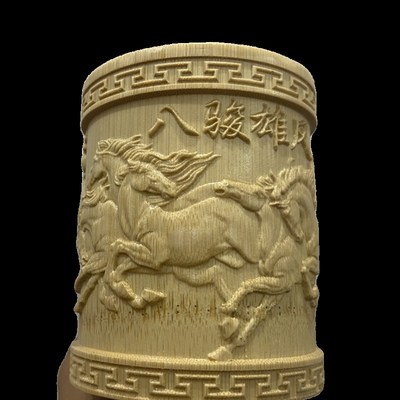 马到成功竹雕笔筒八骏马立体图书房桌面饰品节日商务礼品