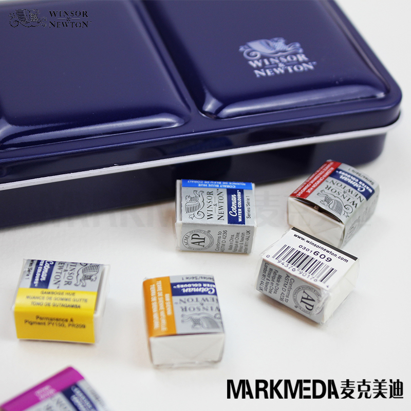 温莎牛顿歌文水彩颜料12+6色 24色半块固体蓝铁盒套装453 买1赠6