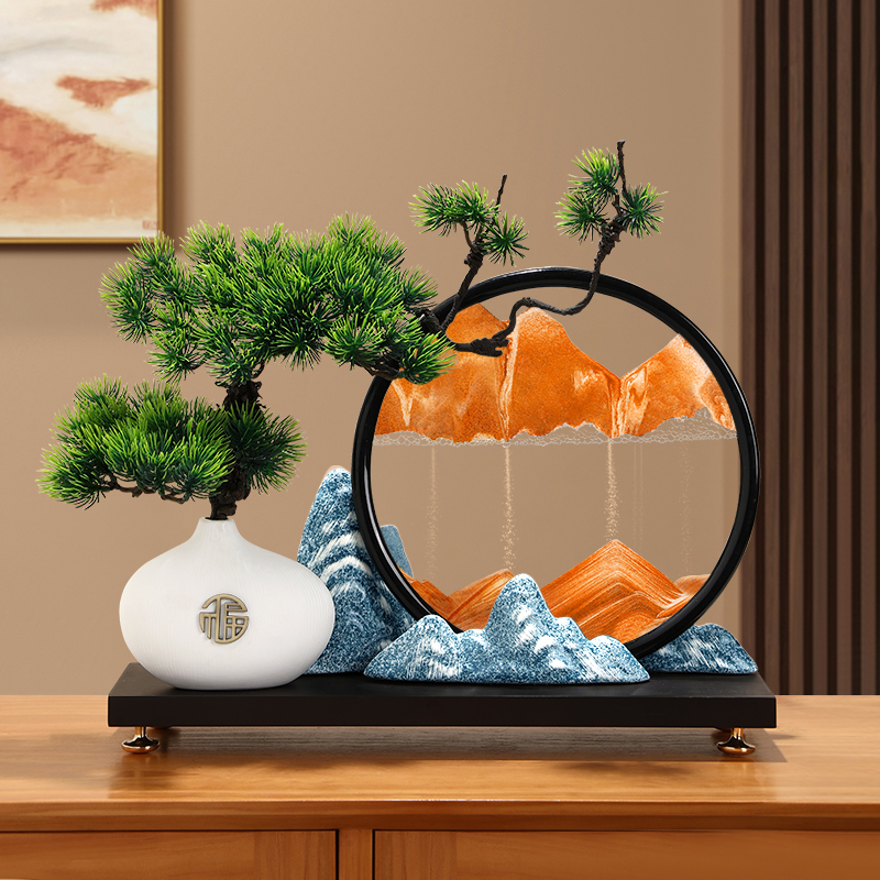 高档桌面摆件办公室布置迎客松高级感沙漏流沙画软装家居茶几饰品
