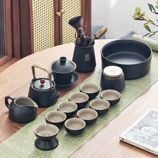 家用简约u客厅办公室侧把茶壶盖碗茶道便携包日 黑陶功夫茶具套装