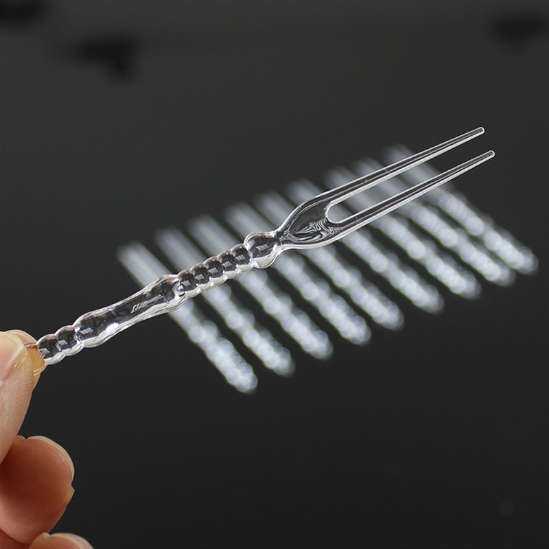 一次性加厚塑料透明水果叉 PS竹节叉 水果签 两齿叉