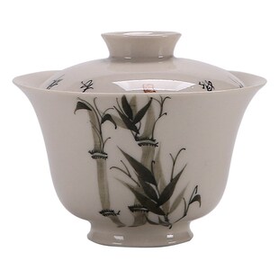 白陶手绘盖碗日式家用陶瓷泡茶器二才盖碗竹迹中式釉下彩敬茶碗