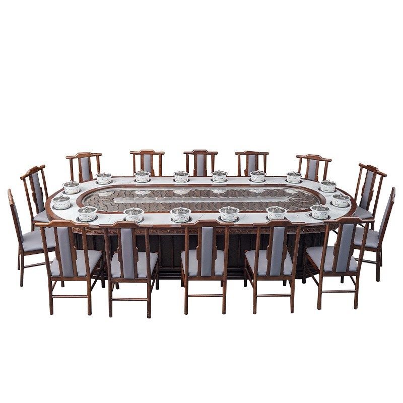 幕师酒店实木电动椭圆餐桌旋转小火锅设备自助涮烤一体火锅桌商用