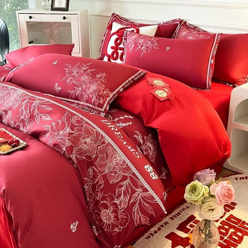 d4Z婚庆水洗棉四件套床上用品新婚裸睡床单喜庆婚房结婚喜事陪嫁
