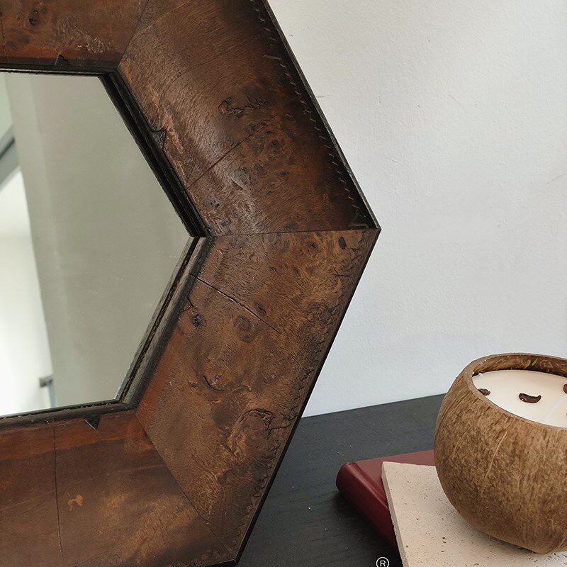 法式六角装饰镜 树瘤做旧工艺书房沙发背景墙 重工实木中古镜