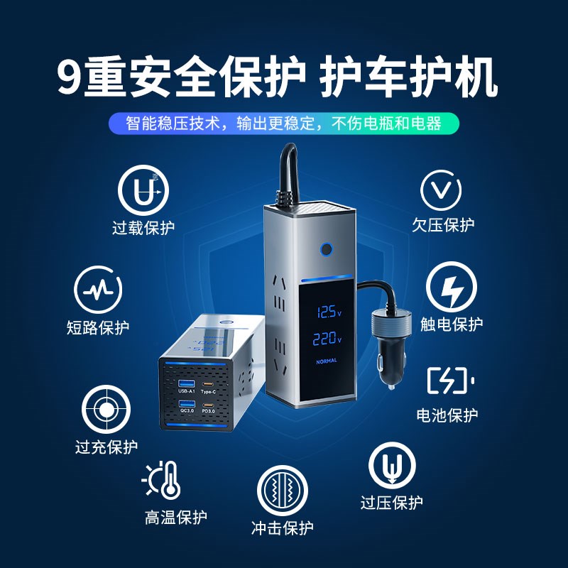 2024新款车载充电器12v转220v逆变器快充插座转换器点烟器转220v