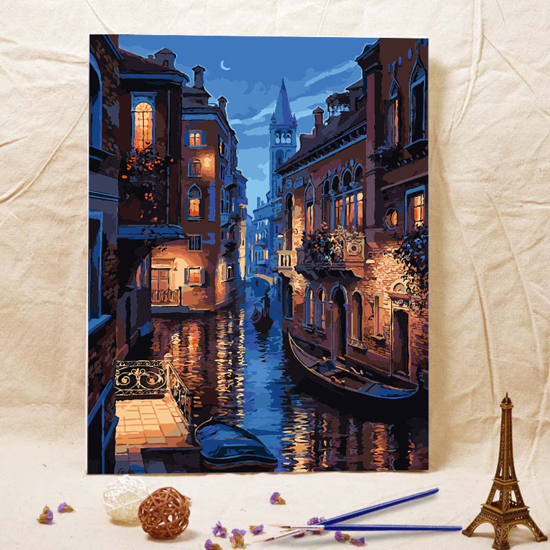 diy数字油画风景名画壁画自己填色手绘油彩客厅装饰画 威尼斯夜景