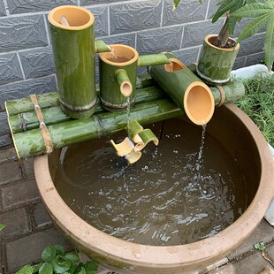 竹流水喷泉竹子石磨槽鱼池过装饰庭院假山竹子流水景观阳台