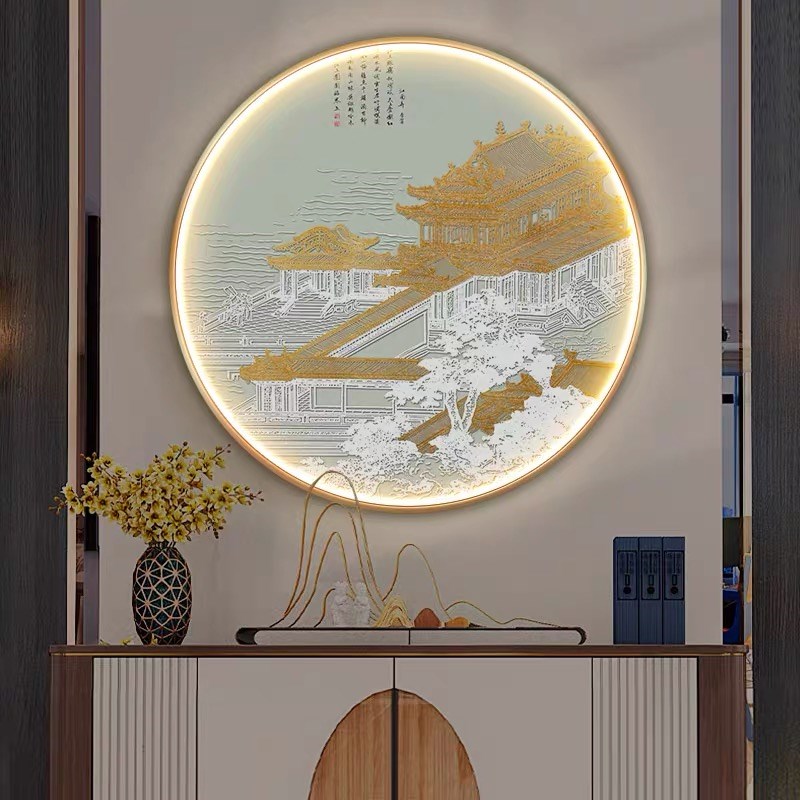中国风古建筑圆形装饰画轻奢玄关酒店餐厅背景墙壁灯画茶室挂画图片