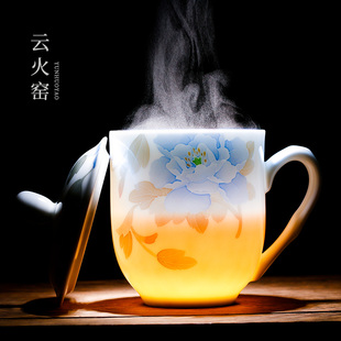 手绘陶瓷办公带盖老板水D杯家用大容量泡茶杯定制礼品L 釉下彩中式