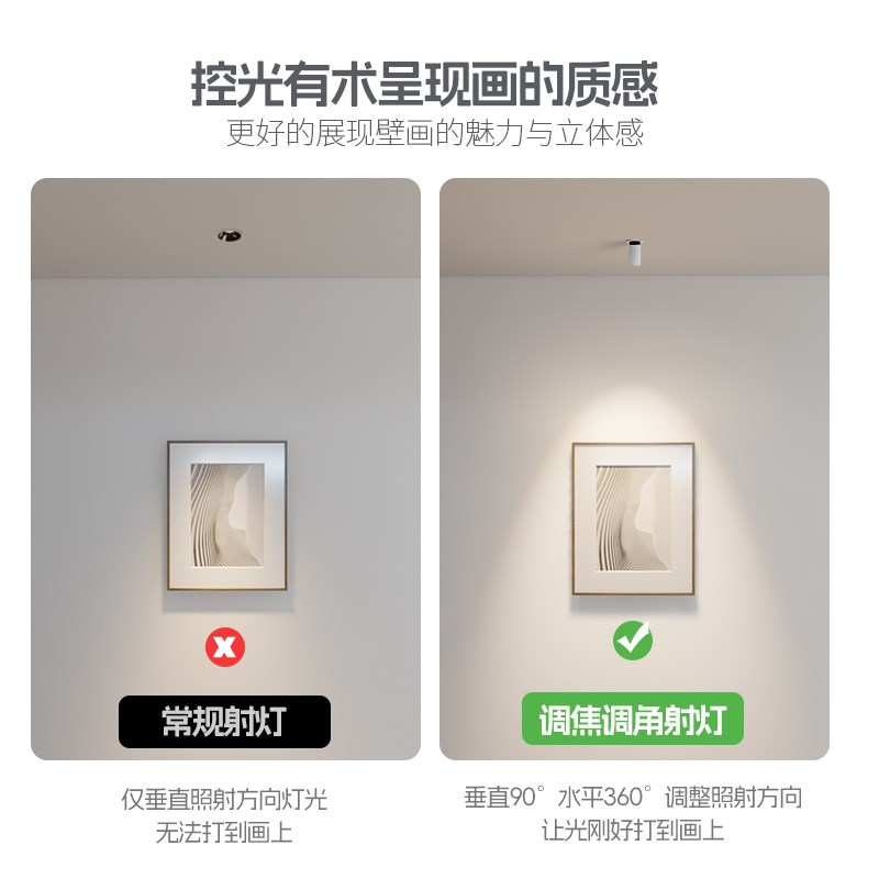 明装免打孔创意射灯变焦万向旋转可调光束角客厅吸顶照画吧台聚光