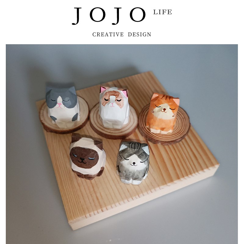 JOJOS L. PD.Cat.椴木手工雕刻迷你可爱憨态猫咪装饰摆件丨哆猫