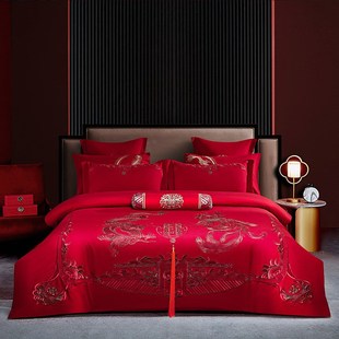 中式大红色婚庆床上四件套结婚房喜被亲肤棉龙凤刺绣被套备婚嫁妆