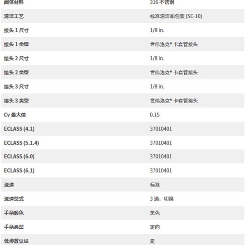 世伟洛克SS-41GXS2-51S不锈钢40系列3通球阀0.15Cv1/8 in.卡套管