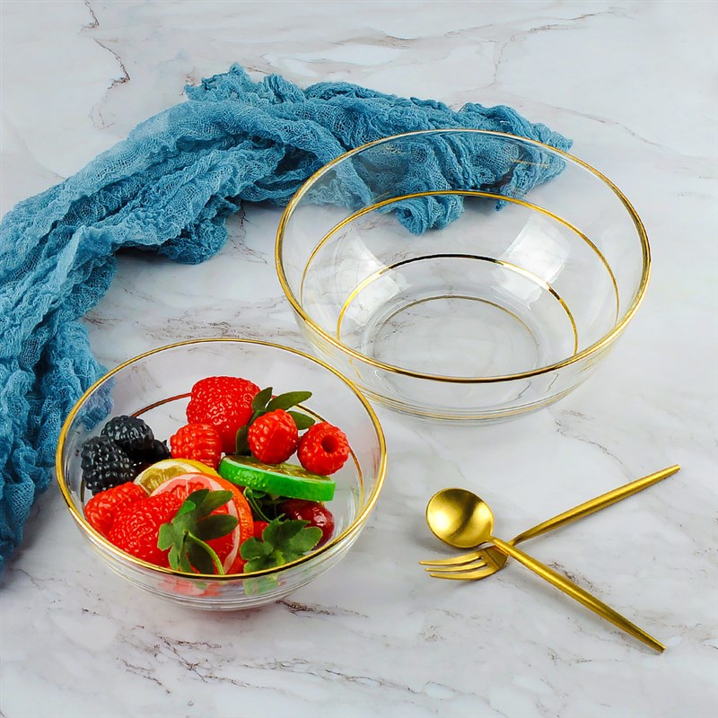 欧式创意简约家用厨房加厚特大号小号圆形水晶玻璃描金水果沙拉碗