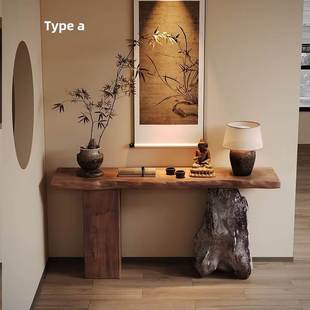 侘寂风原木自然边客厅玄关桌装饰条案端景台全实木酒店民宿玄关台