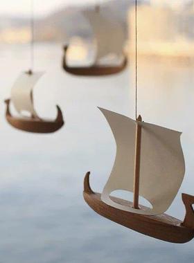 丹麦帆船木雕装饰动态平衡吊饰柚木装饰品室内背景墙壁挂摆件