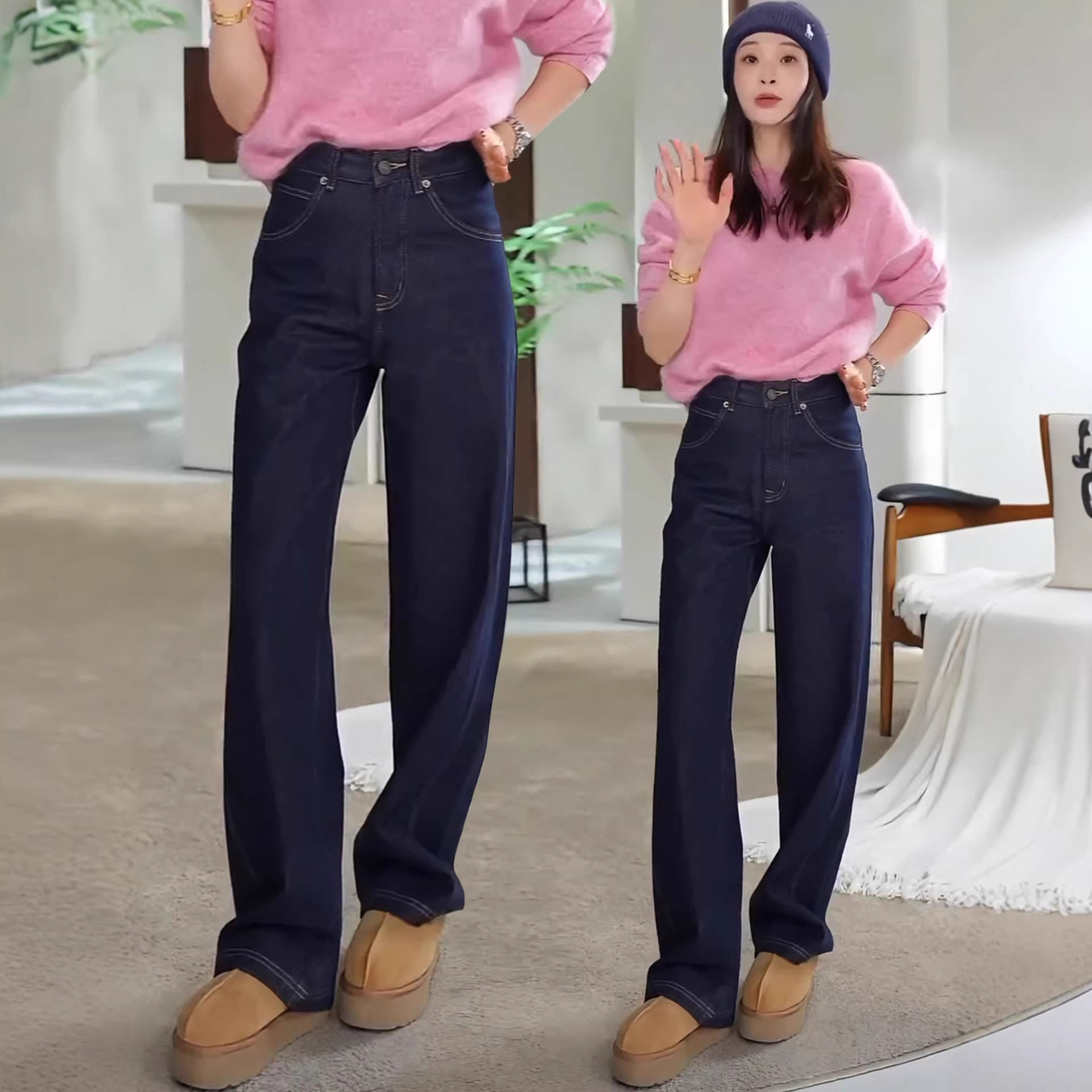 加绒加厚丹宁蓝牛仔阔腿裤女2025年秋冬季新款高腰复古显瘦直筒裤