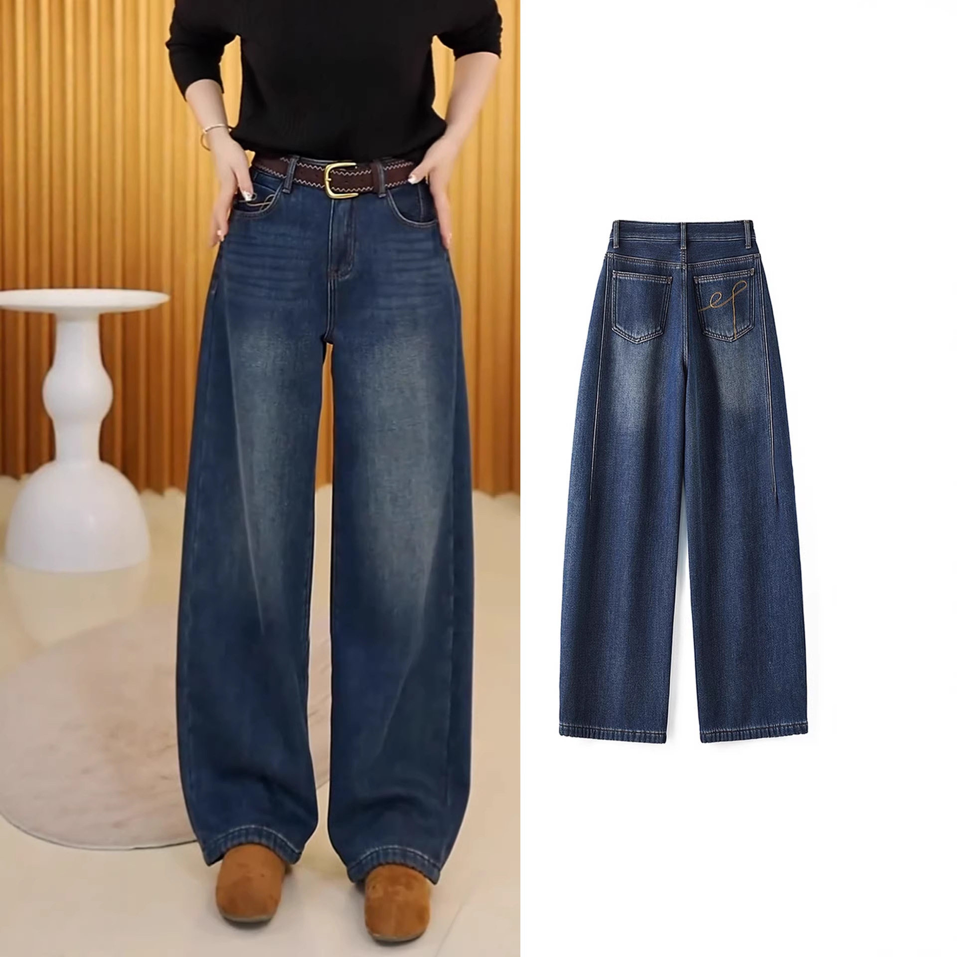 复古弯刀牛仔裤女秋冬季2025新款高腰显瘦加绒休闲窄版阔腿香蕉裤