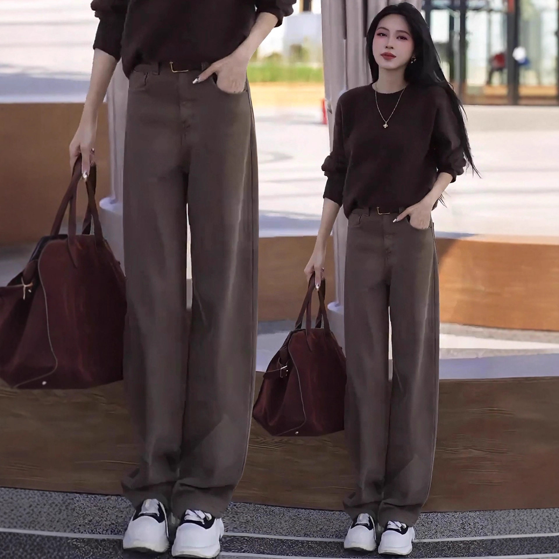 美式复古茶棕色牛仔裤女2025年秋冬季新款加绒加厚窄版直筒弯刀裤